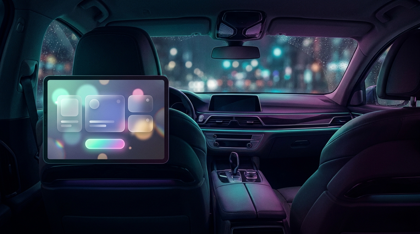 Illustration of a glass-panelled game interface glowing on a tablet mounted in the back of a car at night