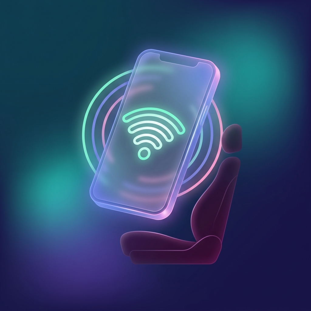 Illustration of a phone connecting to a glowing WiFi signal above a car seat