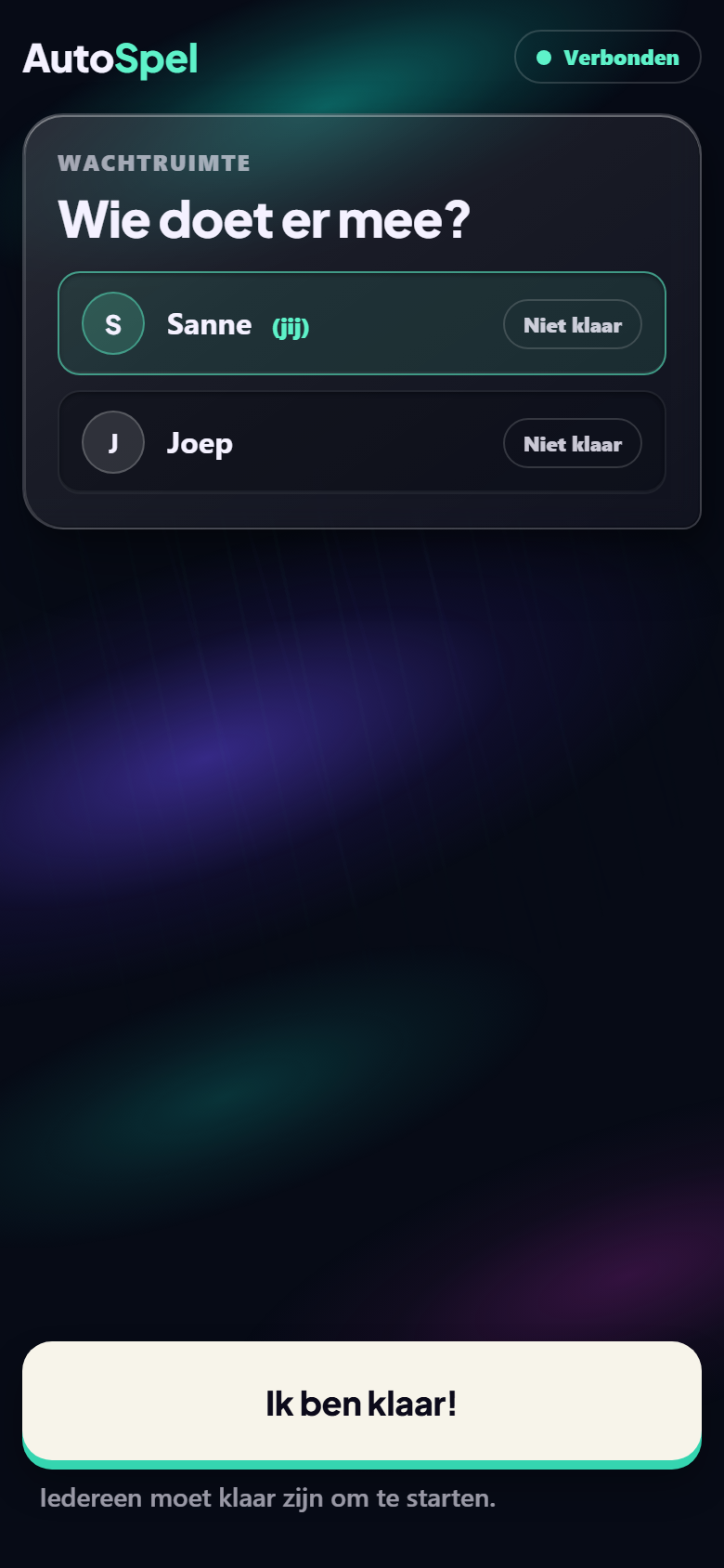 Screenshot of the AutoSpel lobby running on a phone: two players in the waiting room with their ready status, and the Ik ben klaar button