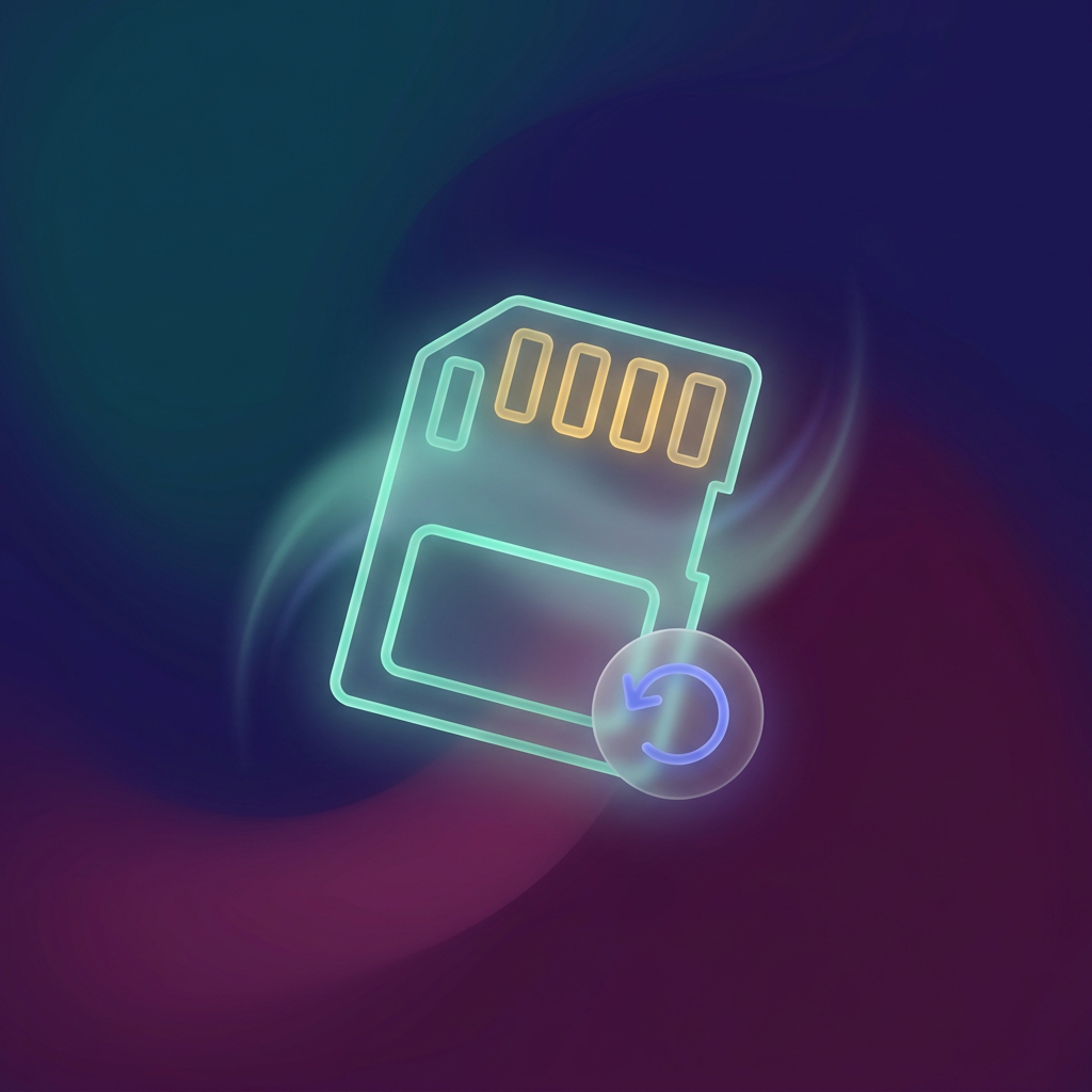 Illustration of a glowing memory card and a recovery button as line-art icons